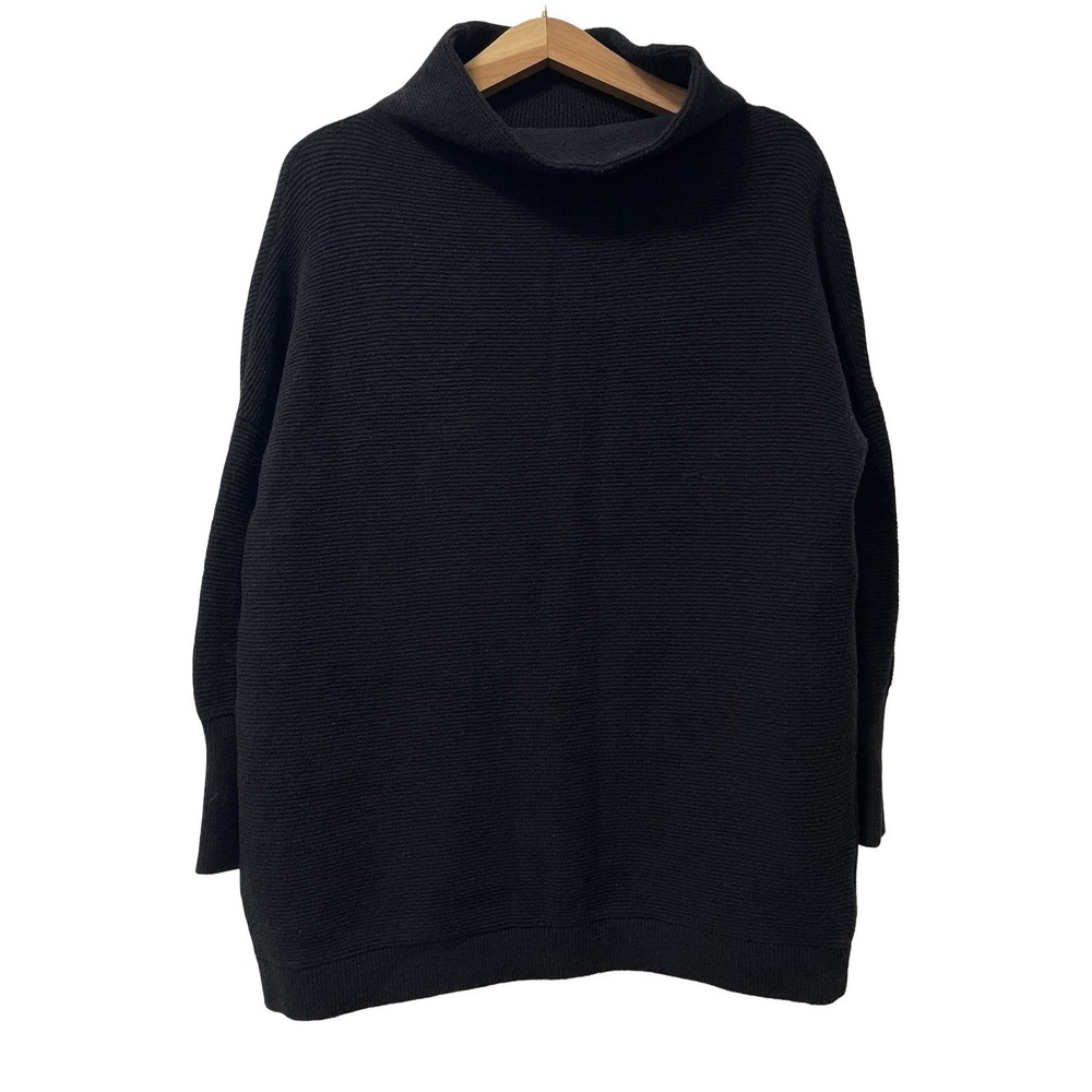 Free People Womens Ottoman Ribbed Boxy Tunic Sweater Size XS Black Oversized‎